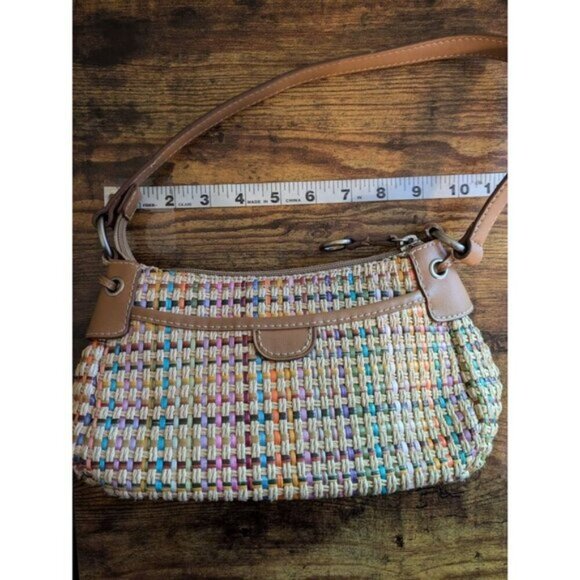 Fossil Woven Jute Shoulder Bag Purse Tan Multicolor Straw Basket Weave Leather - Picture 10 of 12